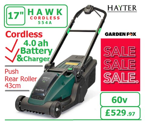 SALE PRICE - £529.97 - HAYTER Hawk 43 Cordless *CLICK & COLLECT or visit & purchase in store* new Hayter Hawk 43cm Push Rear Roller MOWER 60V 4.0AH Code 554A - CORDLESS LA ( Battery ) - Mower Cost New with Battery & Charger £529.97 LA