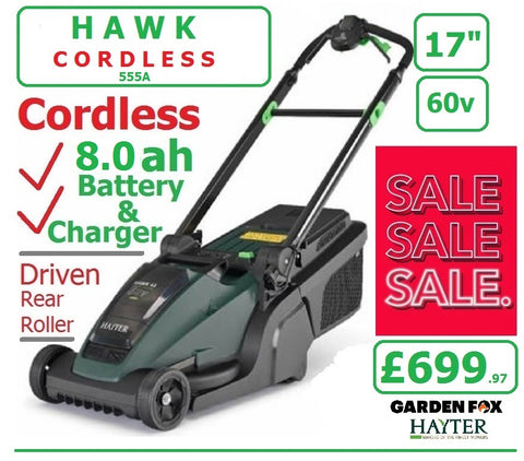 SALE PRICE - £699.97* - HAYTER Hawk 43 Cordless *CLICK & COLLECT or visit & purchase in store* new Hayter Hawk 43cm Driven Rear Roller MOWER 60V 8.0AH Code 545A - CORDLESS LA ( Battery ) - Mower Cost New with Battery & Charger £699.97 H23