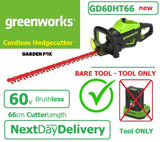 new £169.97 - Bare Tool GREENWORKS GD60HT66 60V 66cm Cordless HEDGECUTTER 6952909070483 HEC