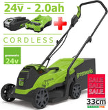 SALE PRICE - £179.99 - GreenWORKS 24V 2.0AH Cordless Battery Mower 33cm GWGD24LM33K2 6952909079189 LA
