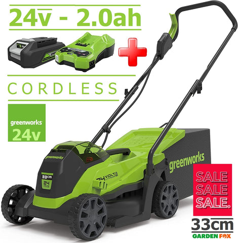 SALE PRICE - £199.97 GreenWORKS 24V 2.0AH Cordless Battery Mower 33cm GWGD24LM33K2 6952909079189 LA