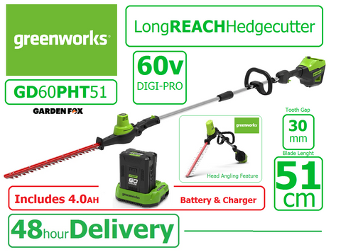 new - £389.97 - GreenWORKS 60V DigiPro 20" LONG REACH HEDGECUTTER GD60PHT51 6952909070490+67100 HEC