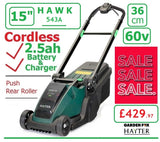 SALE PRICE - £429.97* - HAYTER Hawk 36 PUSH Cordless *CLICK & COLLECT or visit & purchase in store* new Hayter Hawk 36cm Push Rear Roller MOWER 60V 2.5AH Code 543A - CORDLESS LA ( Battery ) - Mower Cost New with Battery & Charger £429.97