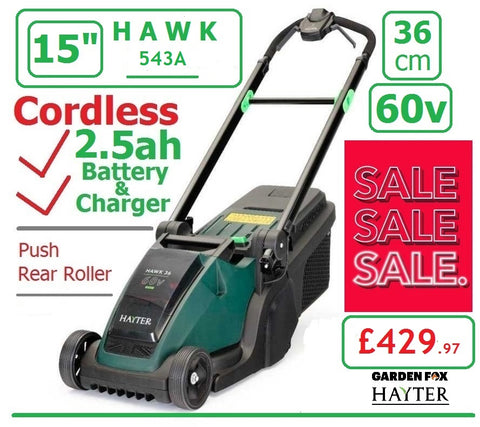 SALE PRICE - £429.97* - HAYTER Hawk 36 PUSH Cordless *CLICK & COLLECT or visit & purchase in store* new Hayter Hawk 36cm Push Rear Roller MOWER 60V 2.5AH Code 543A - CORDLESS LA ( Battery ) - Mower Cost New with Battery & Charger £429.97