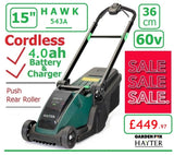 SALE PRICE - £449.97* - HAYTER Hawk 36 Push Cordless *CLICK & COLLECT or visit & purchase in store* new Hayter Hawk 36cm Push Rear Roller MOWER 60V 4.0AH Code 543A - CORDLESS LA ( Battery ) - Mower Cost New with Battery & Charger £449.97