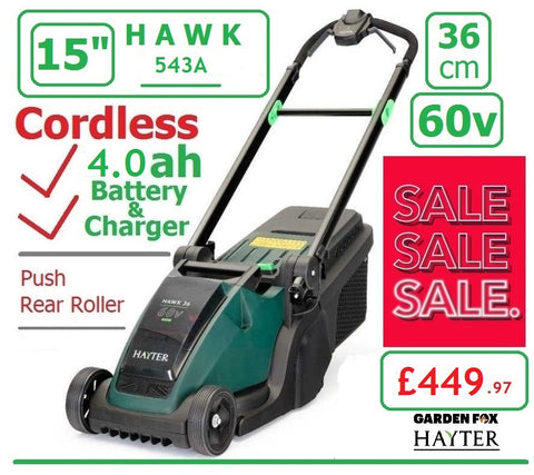 SALE PRICE - £449.97* - HAYTER Hawk 36 Push Cordless *CLICK & COLLECT or visit & purchase in store* new Hayter Hawk 36cm Push Rear Roller MOWER 60V 4.0AH Code 543A - CORDLESS LA ( Battery ) - Mower Cost New with Battery & Charger £449.97