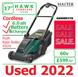 USED 2022 - £299.97 - HAYTER Hawk 43 Cordless *CLICK & COLLECT or visit & purchase in store* new Hayter Hawk 43cm Push Rear Roller MOWER 60V 6.0AH Code 554A - CORDLESS LA ( Battery ) - SECONDHAND USED 2022