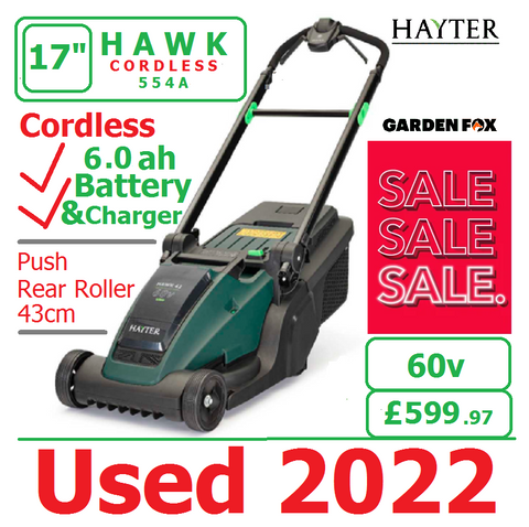 USED 2022 - £299.97 - HAYTER Hawk 43 Cordless *CLICK & COLLECT or visit & purchase in store* new Hayter Hawk 43cm Push Rear Roller MOWER 60V 6.0AH Code 554A - CORDLESS LA ( Battery ) - SECONDHAND USED 2022