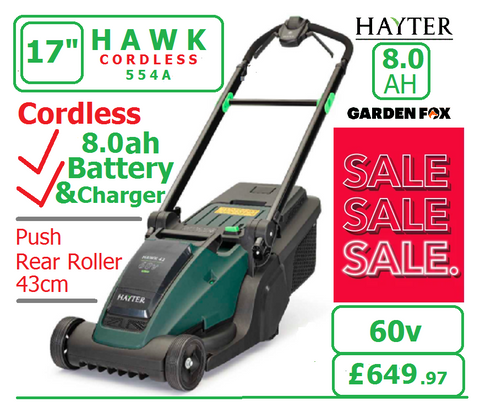 SALE best PRICE - £649.97* - HAYTER Hawk 43 Cordless *CLICK & COLLECT or visit & purchase in store* new Hayter Hawk 43cm Push Rear Roller MOWER 60V 8.0AH Code 554A - CORDLESS LA ( Battery ) - Mower Cost New with Battery & Charger £649.97 H23
