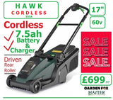 SALE PRICE - £699.97* - HAYTER Hawk 43 Cordless *CLICK & COLLECT or visit & purchase in store* new Hayter Hawk 43cm Driven Rear Roller MOWER 60V 7.5AH Code 555A - CORDLESS LA ( Battery ) - Mower Cost New with Battery & Charger £699.97 H23