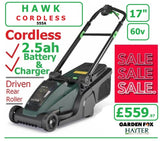 SALE PRICE - £559.97* - HAYTER Hawk 43 Cordless *CLICK & COLLECT or visit & purchase in store* new Hayter Hawk 43cm Driven Rear Roller MOWER 60V 2.5AH Code 555A - CORDLESS LA ( Battery ) - Mower Cost New with Battery & Charger £559.97