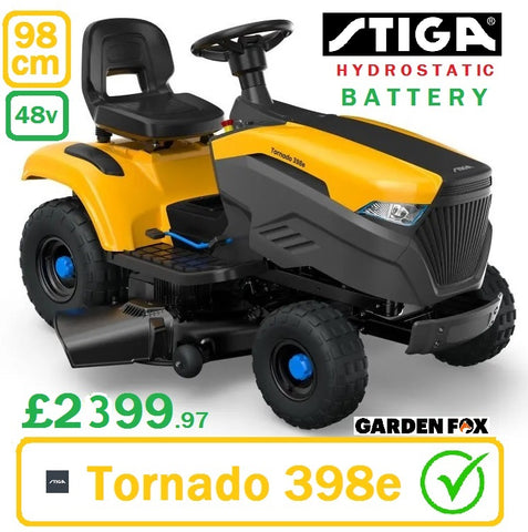 SALE best PRICE - £2399.97* - * CLICK & COLLECT or visit & purchase in store for delivery * - new STIGA Tornado 398e Battery Electric Garden Tractor Hydrostatic Transmission Button Start Ride on MOWER 98cm 2T0660481/ST2 RO - £2399.97