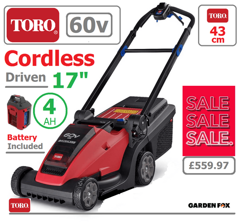 SALE PRICE - £559.97 - TORO *CLICK & COLLECT or visit & purchase in store* new TORO 43cm MAX 60V Cordless Driven (VariSpeed) MOWER 60V 4.0AH Code 21844 - CORDLESS LA ( Battery ) - Mower Cost New with Battery & Charger £559.97
