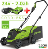 SALE PRICE - £179.99 - GreenWORKS 24V 2.0AH Cordless Battery Mower 33cm GWGD24LM33K2 6952909079189 LA