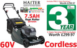 FREE Servicing - new £1399.97 Hayter Harrier 48 Cordless **** CLICK & COLLECT or purchase in store **** new Hayter Harrier 48 19" VS Autodrive Rear Roller MOWER 60V 7.5AH Code 477A - CORDLESS ( Battery ) - Mower Cost New with Battery & Charger £1399.97 LA